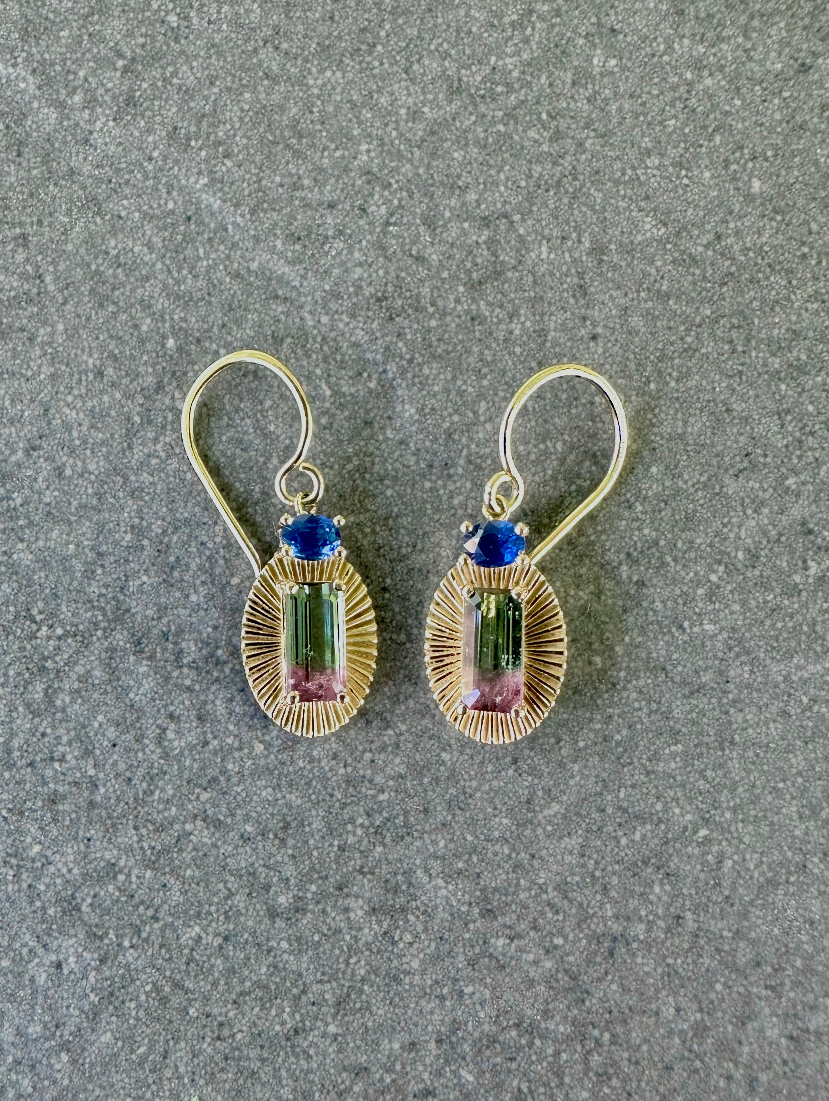 Joylight Earrings with Watermelon Tourmaline and Blue Sapphire