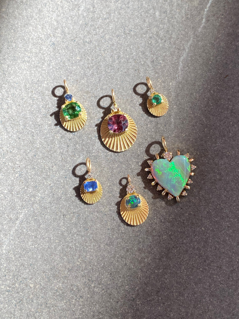 fluted machine turned charms with various gemstones