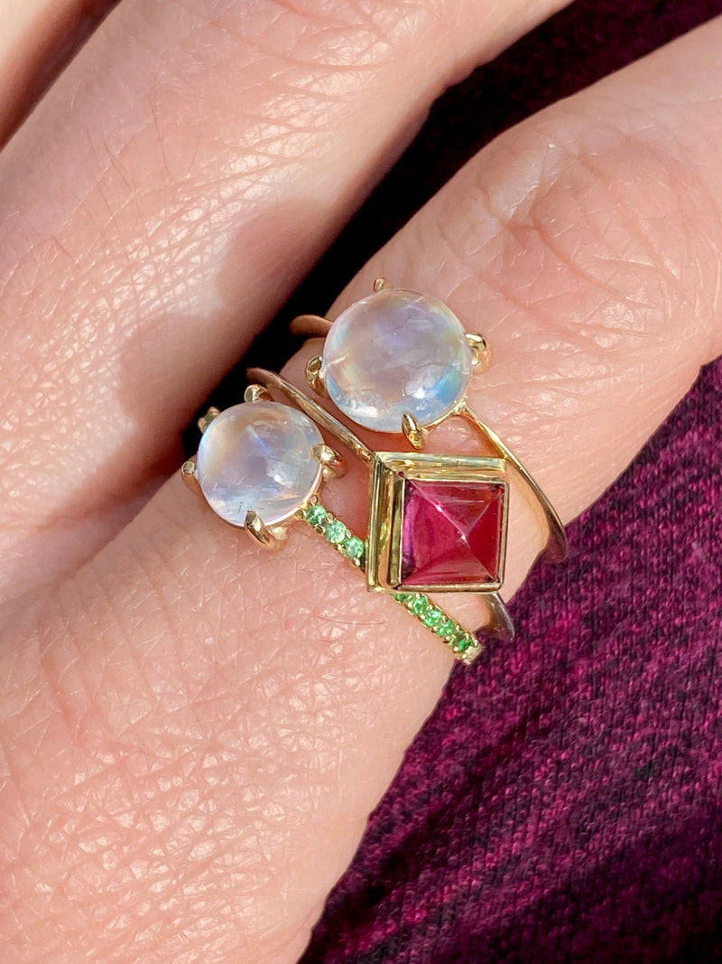 Rainbow Moonstone with Tsavorite Garnet Ring