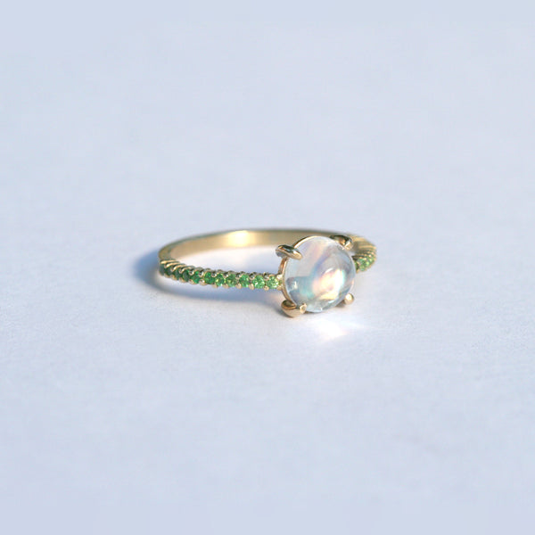 Rainbow Moonstone with Tsavorite Garnet Ring