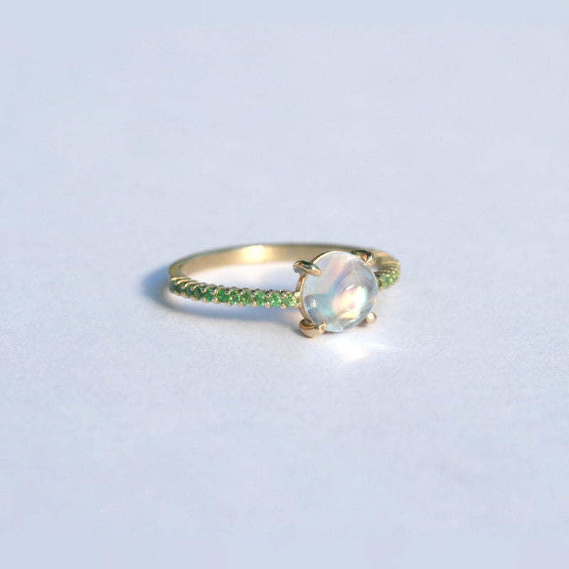 Rainbow Moonstone with Tsavorite Garnet Ring