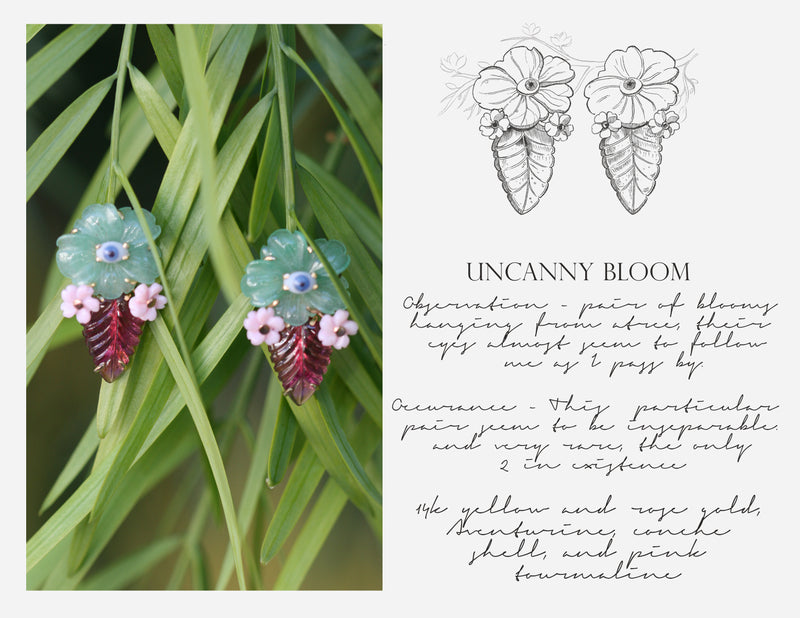 Uncanny Bloom Earrings - Aventurine, Hot Pink Tourmaline, Conch Shell - OAK