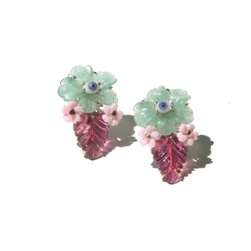 Uncanny Bloom Earrings - Aventurine, Hot Pink Tourmaline, Conch Shell - OAK